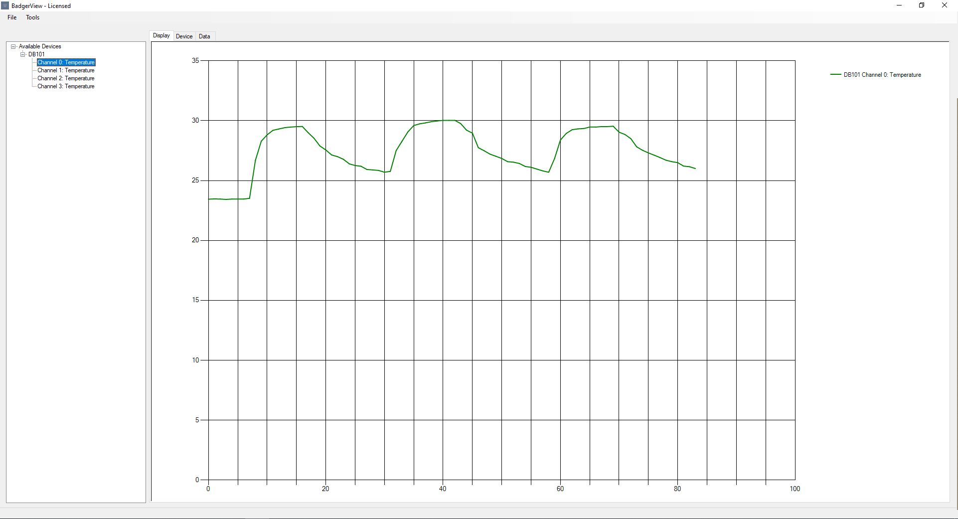 DataBadger BadgerView software showing data being logged from a data logger